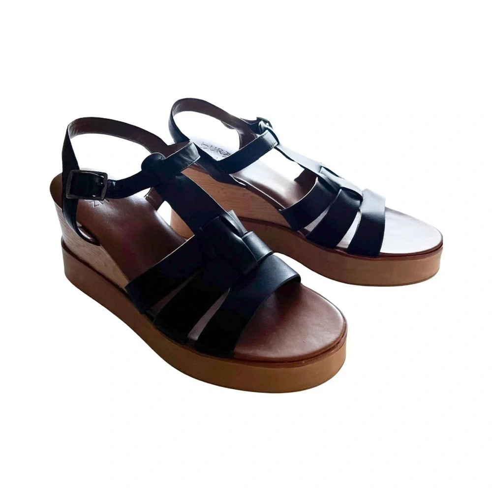 NEW NATURALIZER Barrett Wedge Leather Sandals Black Sz 9.5